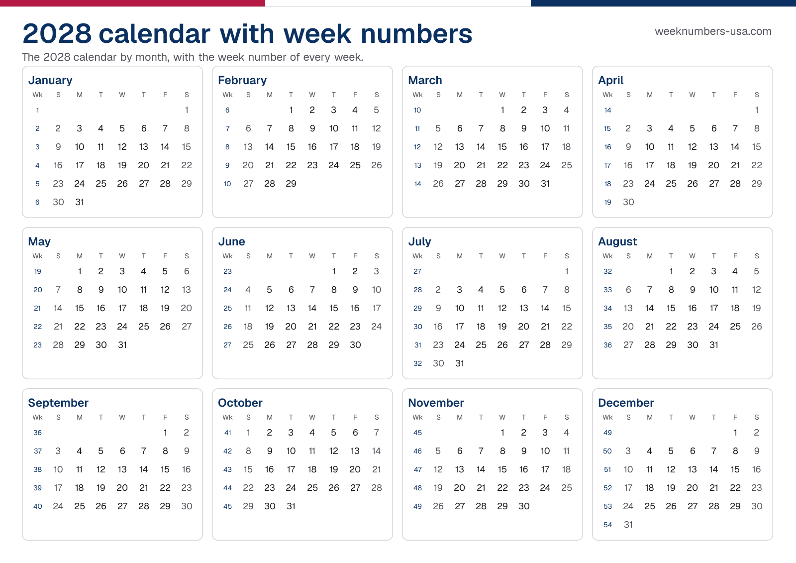 Calendar 2028 with week numbers