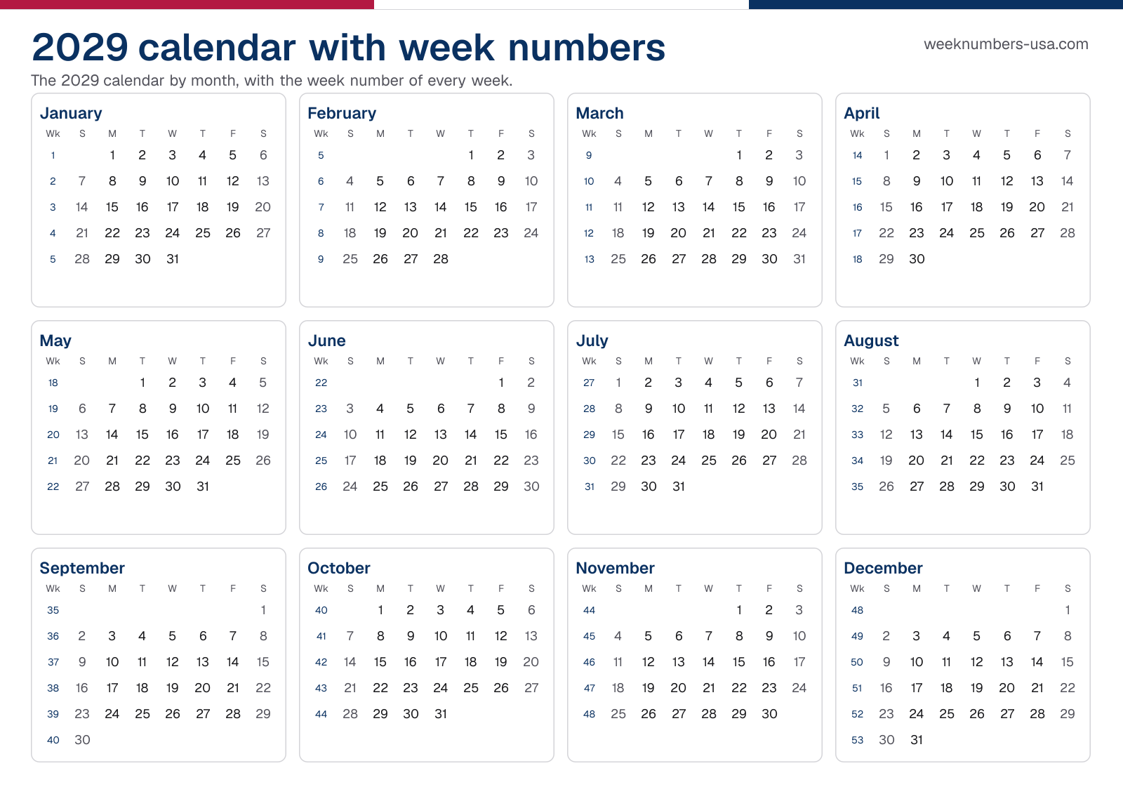 Calendar 2029 with week numbers