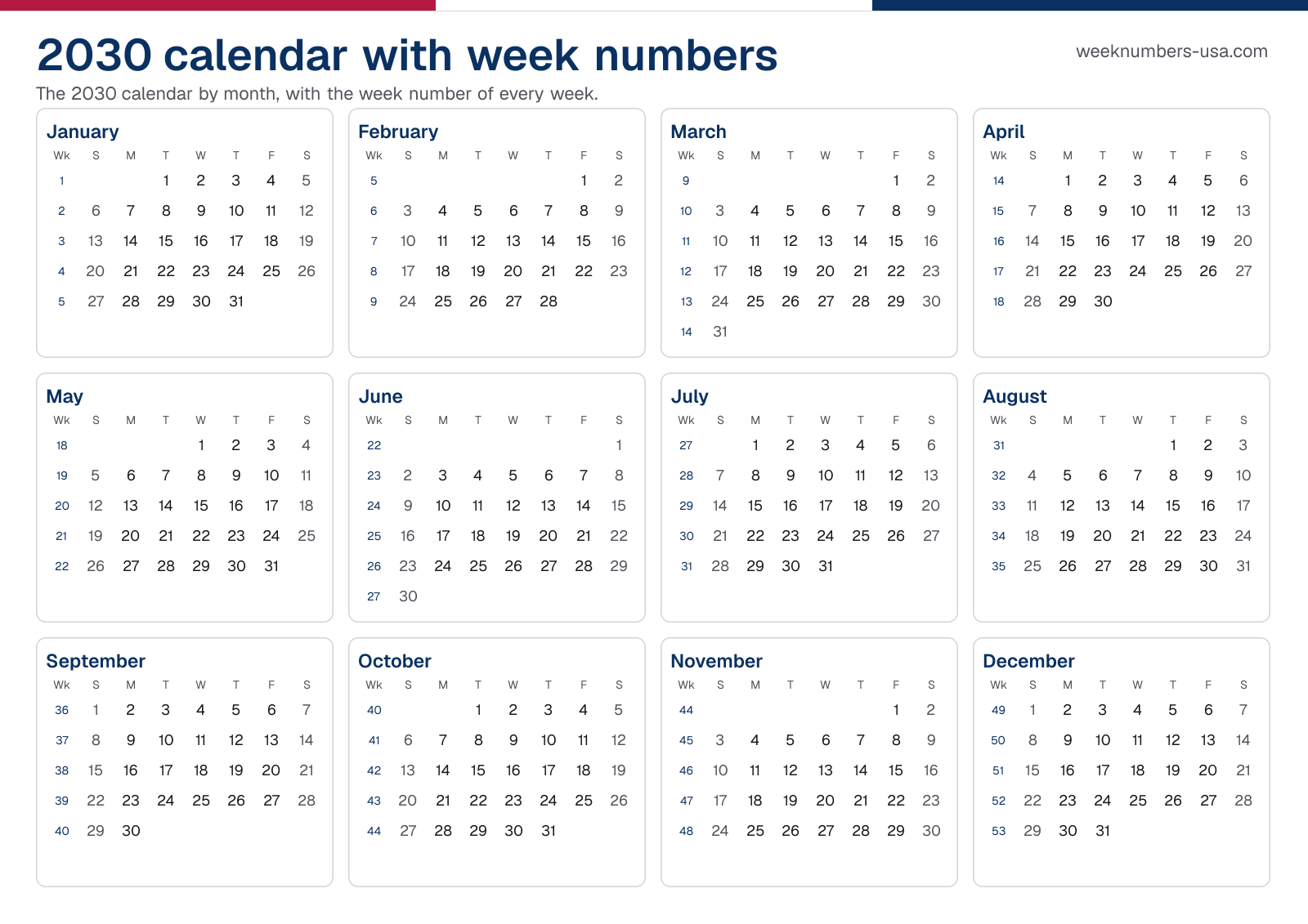 Calendar 2030 with week numbers